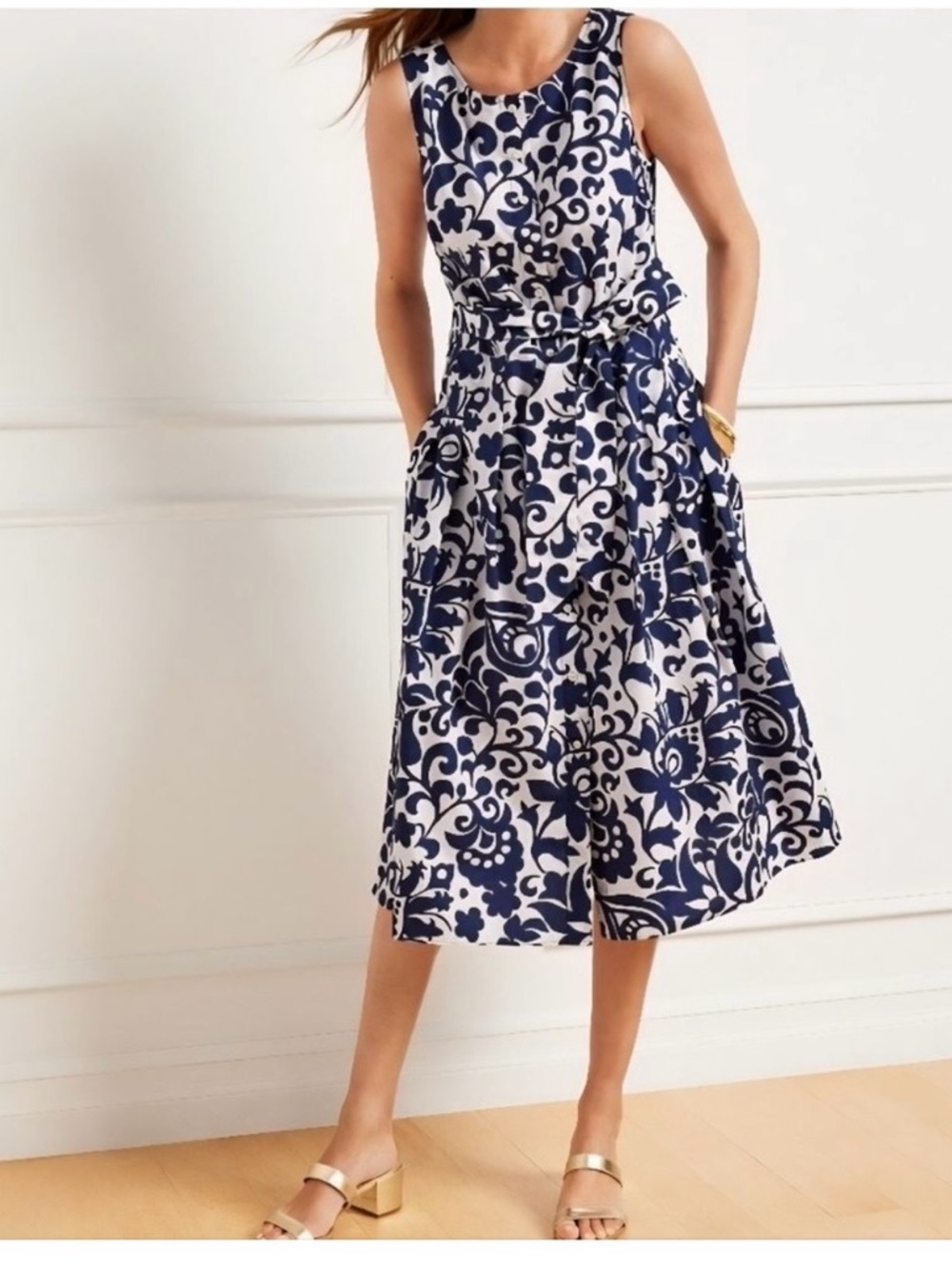 Talbots Navy and White Sleeveless Floral-Scroll Midi Dress